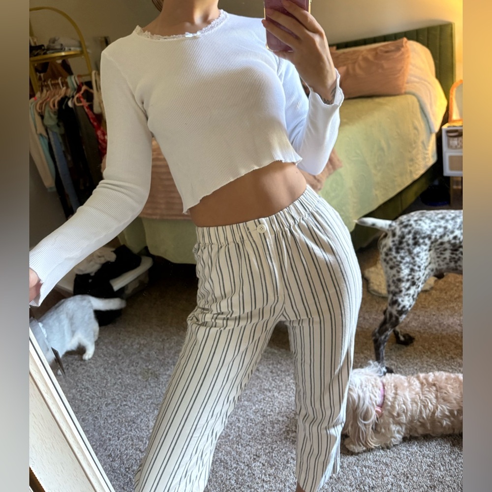 Brandy Melville Navy/Grey and White Linen  Blend Pin Striped Pants